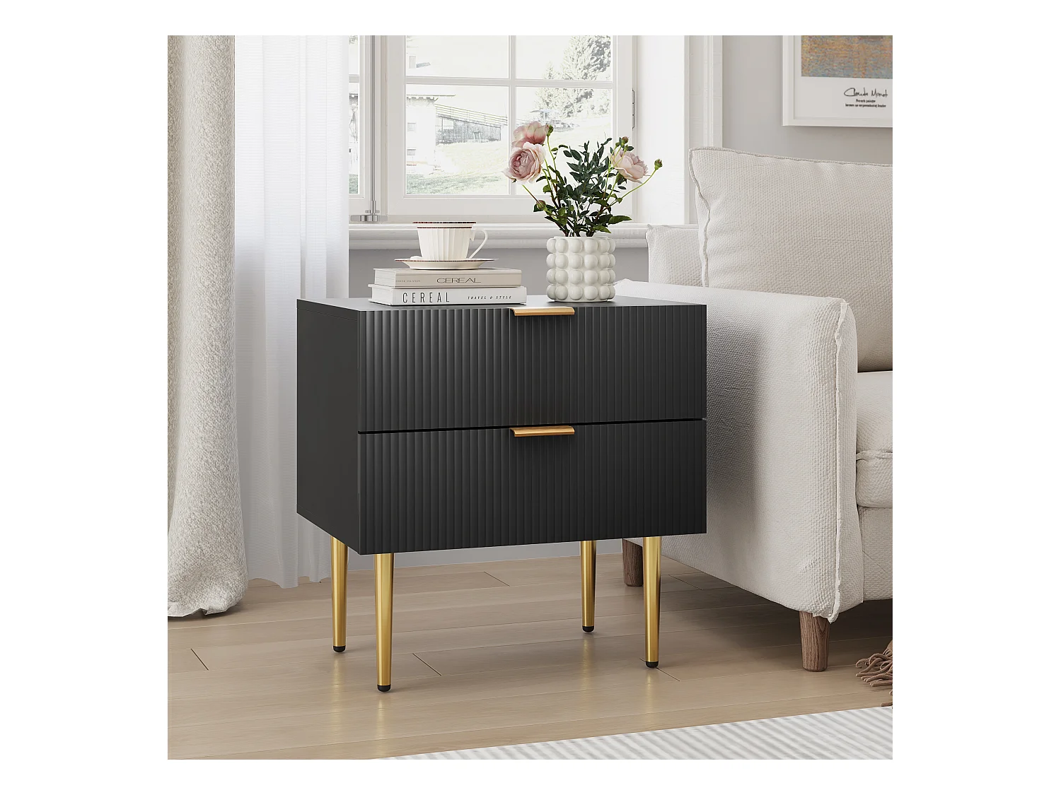 Table de chevet noire à motif ondulé avec 2 tiroirs, MDF et métal, pieds métalliques (53x41.3x53 cm)