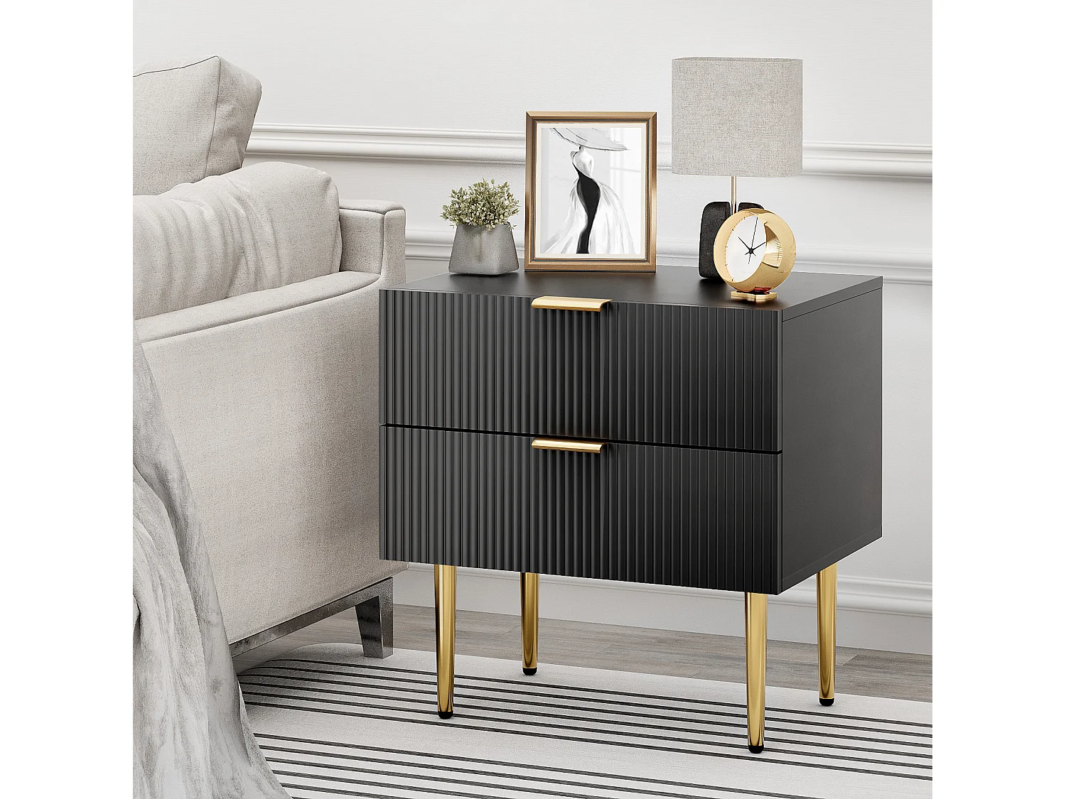 Mesita de noche negra con estampado ondulado con 2 cajones, MDF y metal, patas de metal (53x41,3x53 cm)