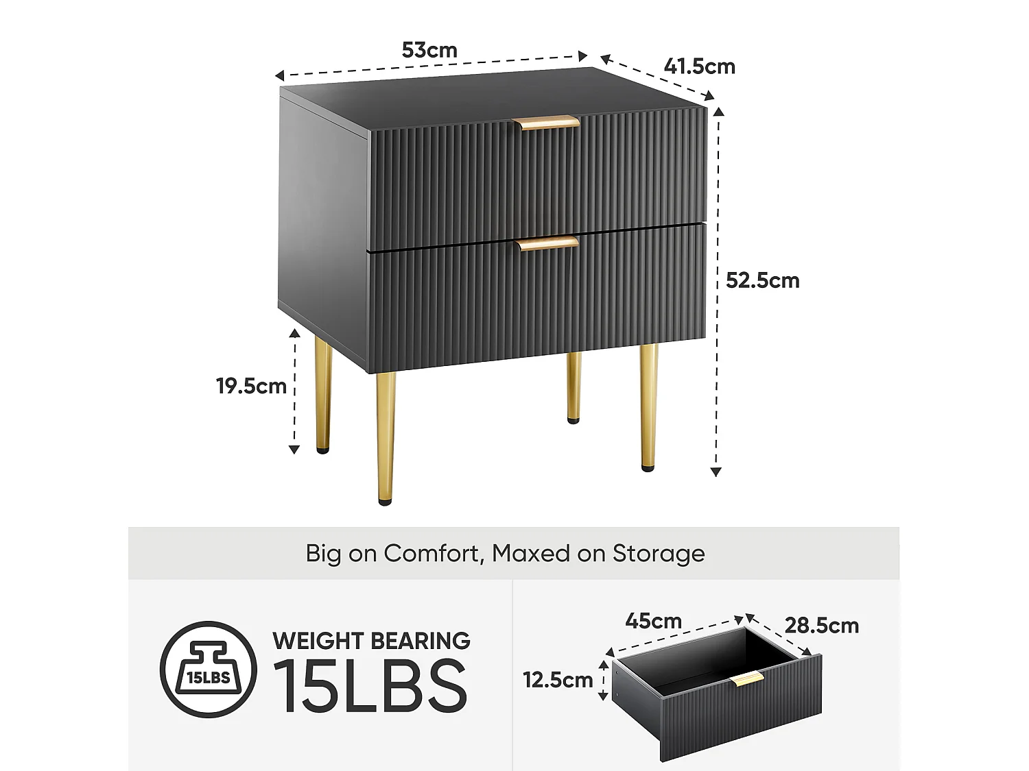 Mesita de noche negra con estampado ondulado con 2 cajones, MDF y metal, patas de metal (53x41,3x53 cm)