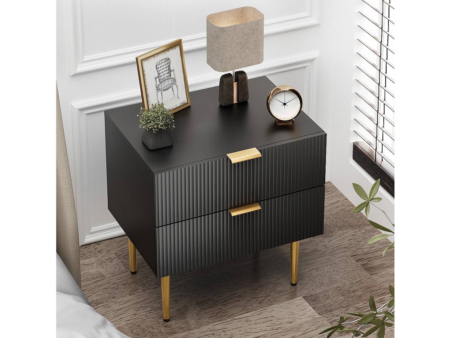 Mesita de noche negra con estampado ondulado con 2 cajones, MDF y metal, patas de metal (53x41,3x53 cm)