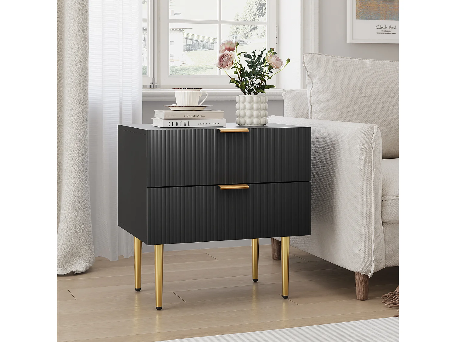 Mesita de noche negra con estampado ondulado con 2 cajones, MDF y metal, patas de metal (53x41,3x53 cm)