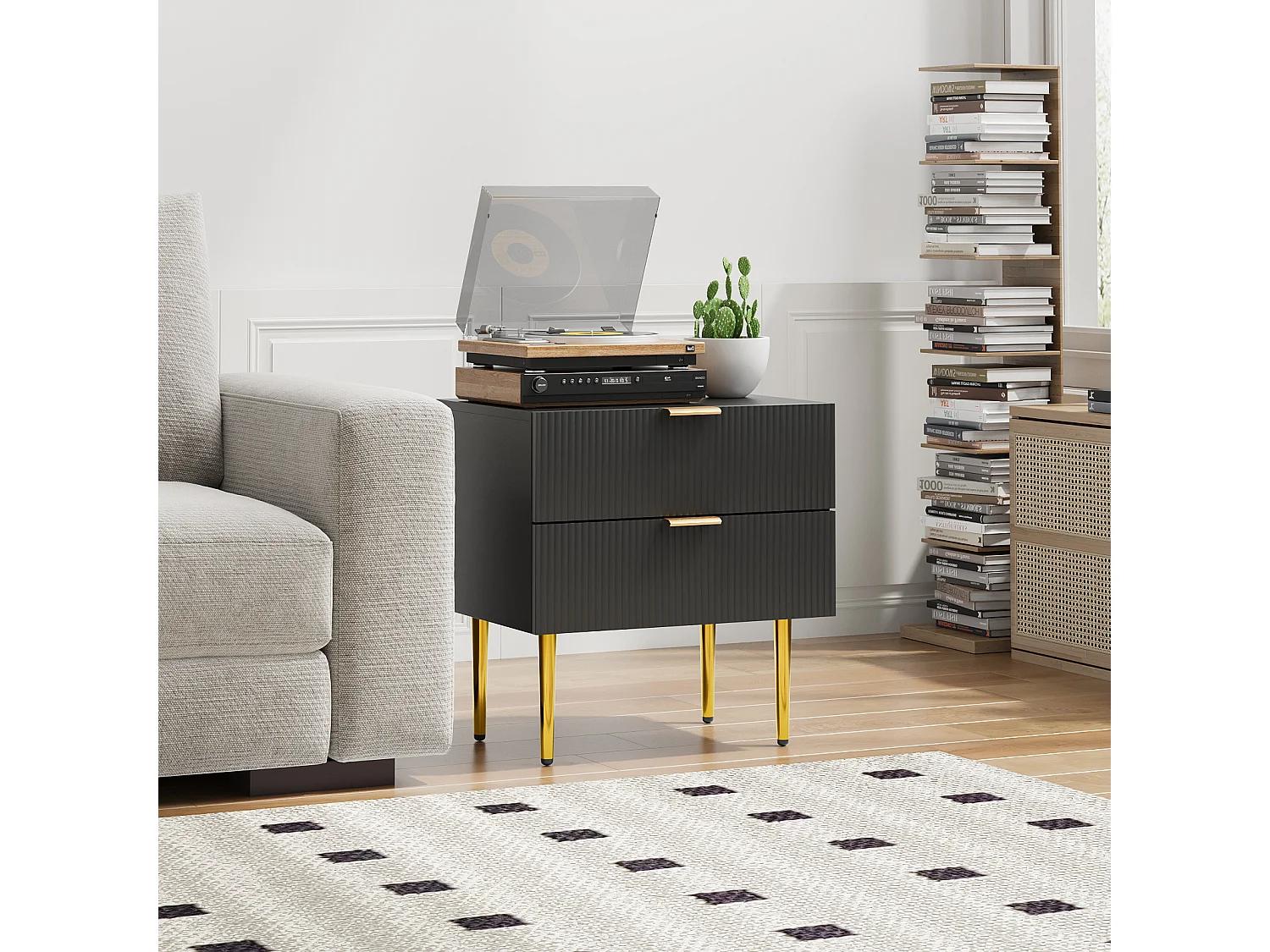 Mesita de noche negra con estampado ondulado con 2 cajones, MDF y metal, patas de metal (53x41,3x53 cm)