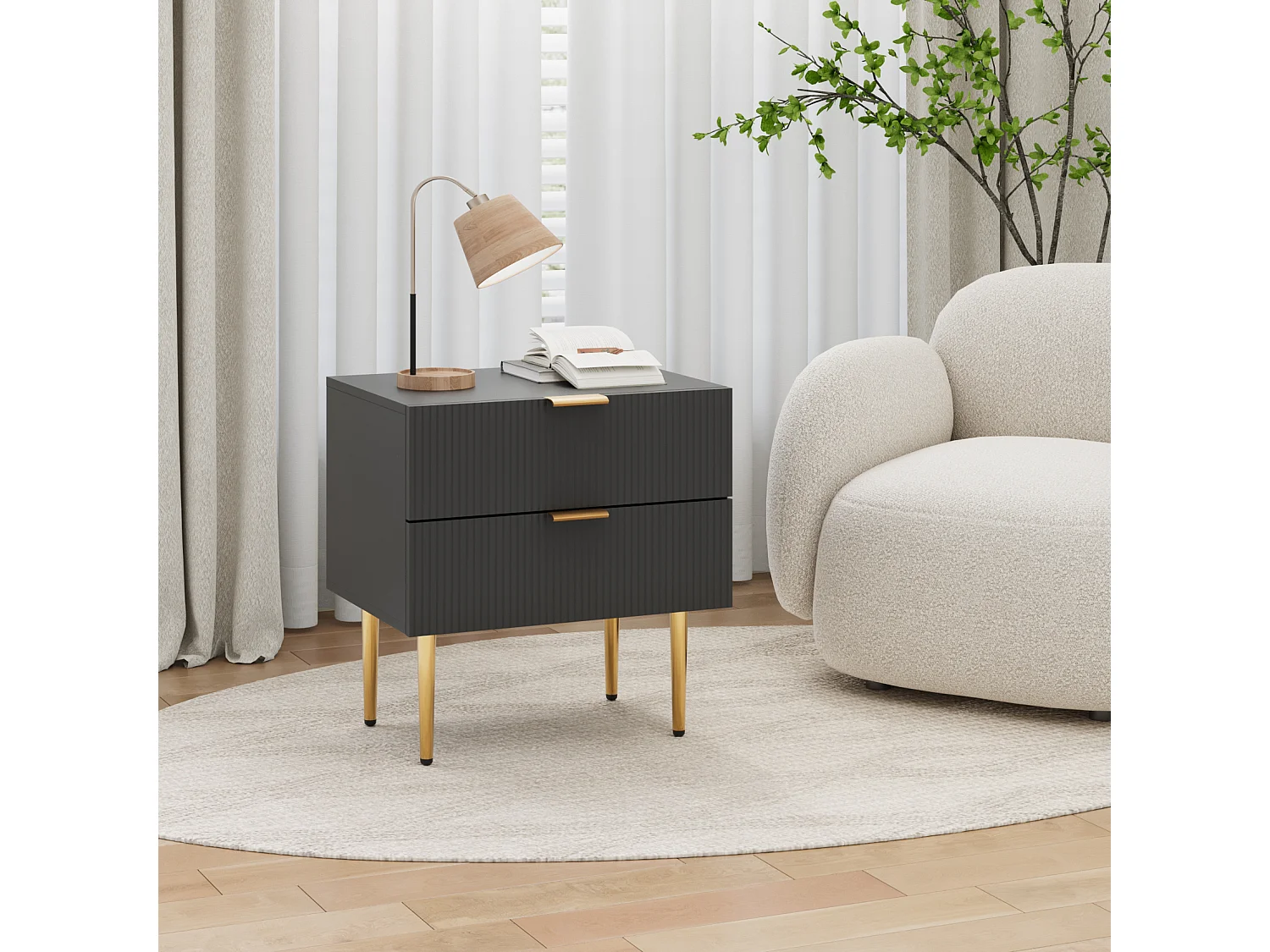 Mesita de noche negra con estampado ondulado con 2 cajones, MDF y metal, patas de metal (53x41,3x53 cm)