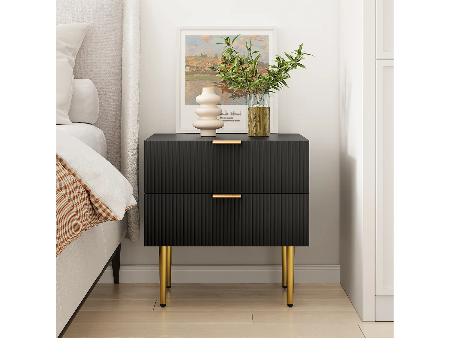 Mesita de noche negra con estampado ondulado con 2 cajones, MDF y metal, patas de metal (53x41,3x53 cm)