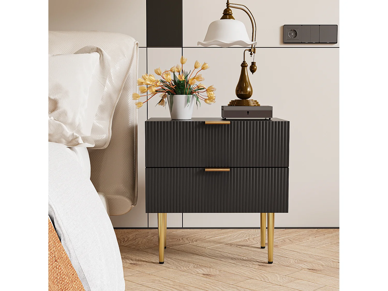 Mesita de noche negra con estampado ondulado con 2 cajones, MDF y metal, patas de metal (53x41,3x53 cm)
