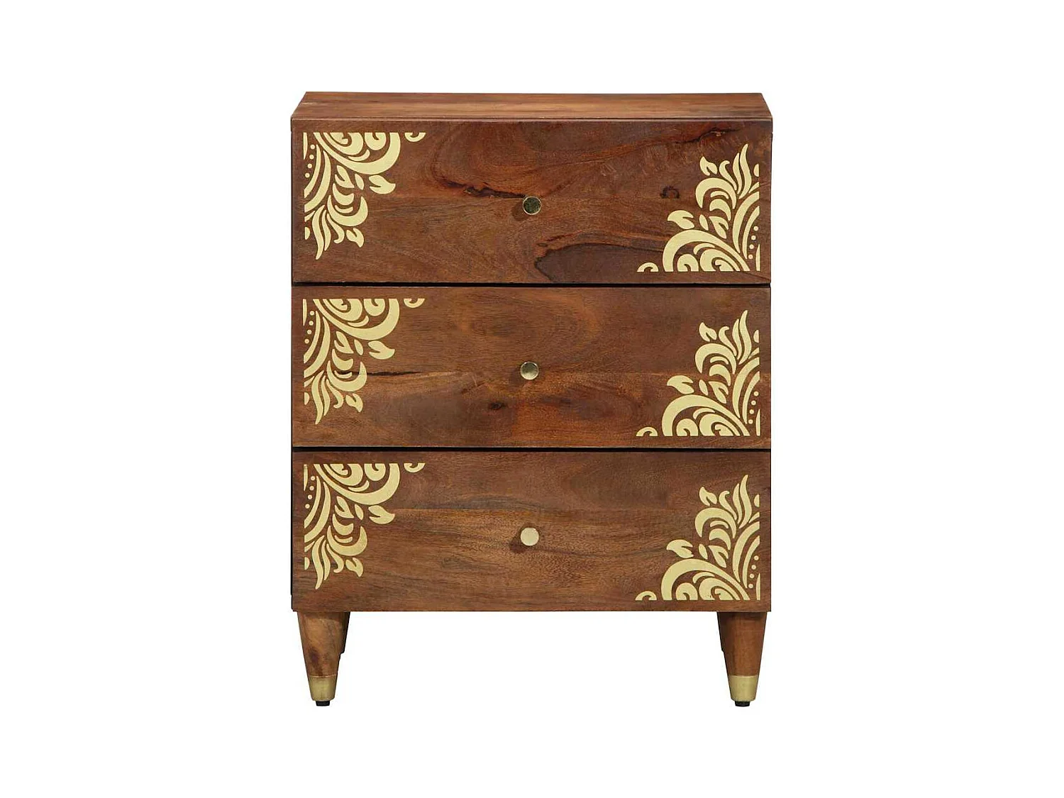 Table de chevet Marron miel avec motifs dorés Bois de manguier massif