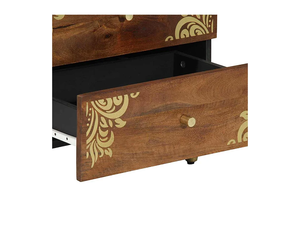 Table de chevet Marron miel avec motifs dorés Bois de manguier massif