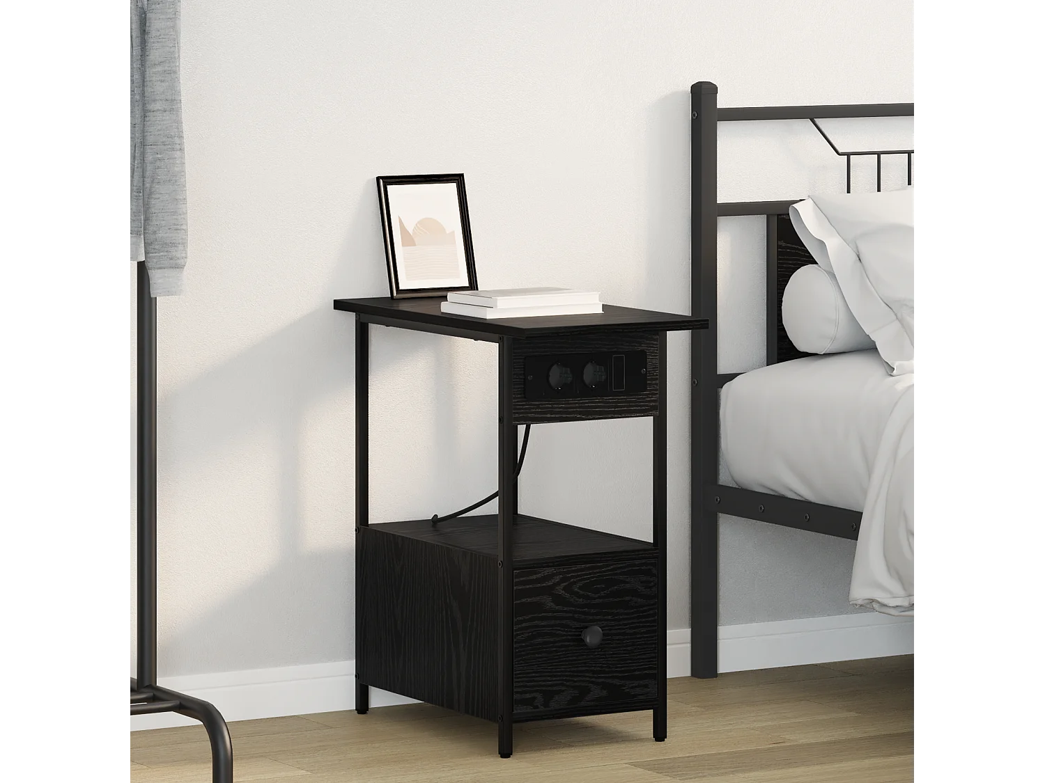 Comodino in rovere nero 60 x 30 x 61 cm in legno ingegnerizzato