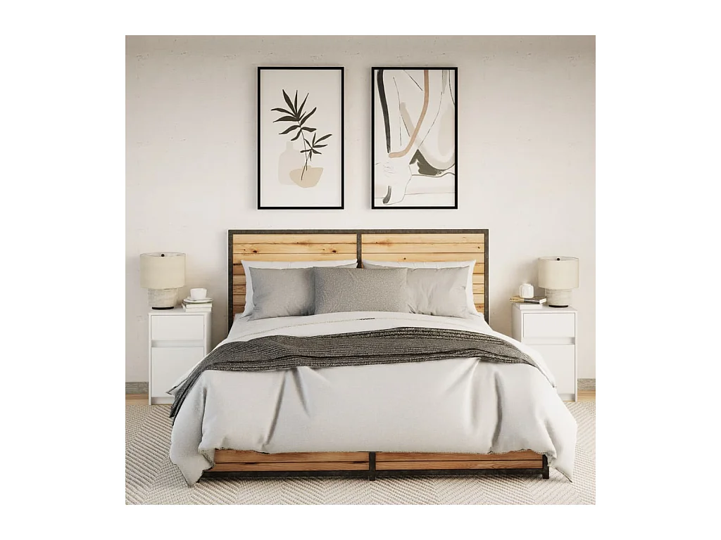 Armoires de chevet et lumières LED 2pcs blanc bois d'ingénierie