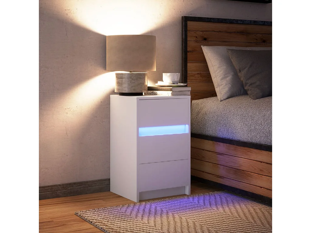 Mesilla de noche con luces LED de madera de ingeniería blanca