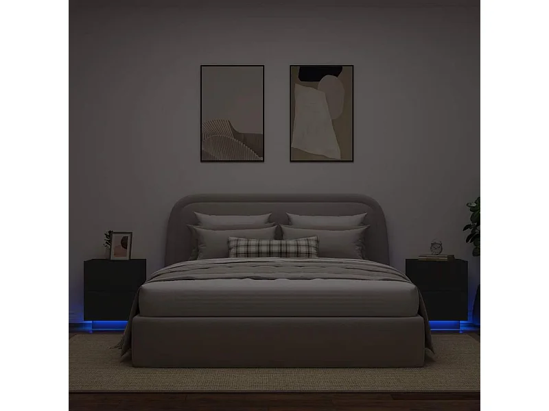 Armoires de chevet et lumières LED 2 pcs noir bois d'ingénierie