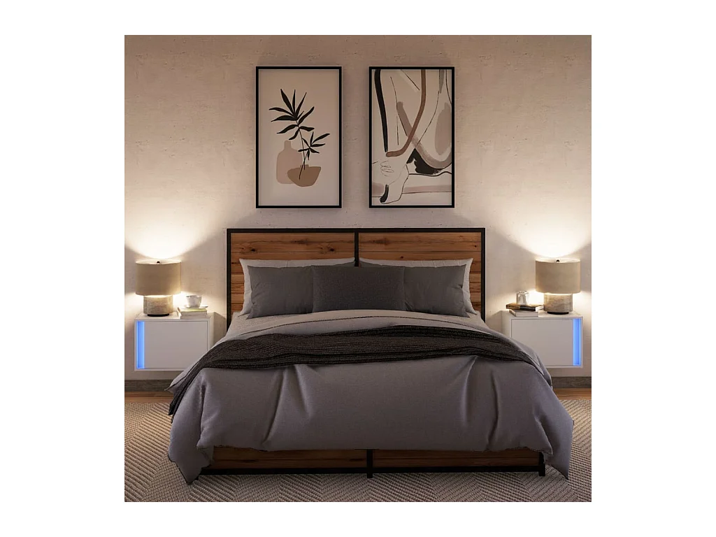 Tables de chevet murales avec lumières LED 2 pcs blanc