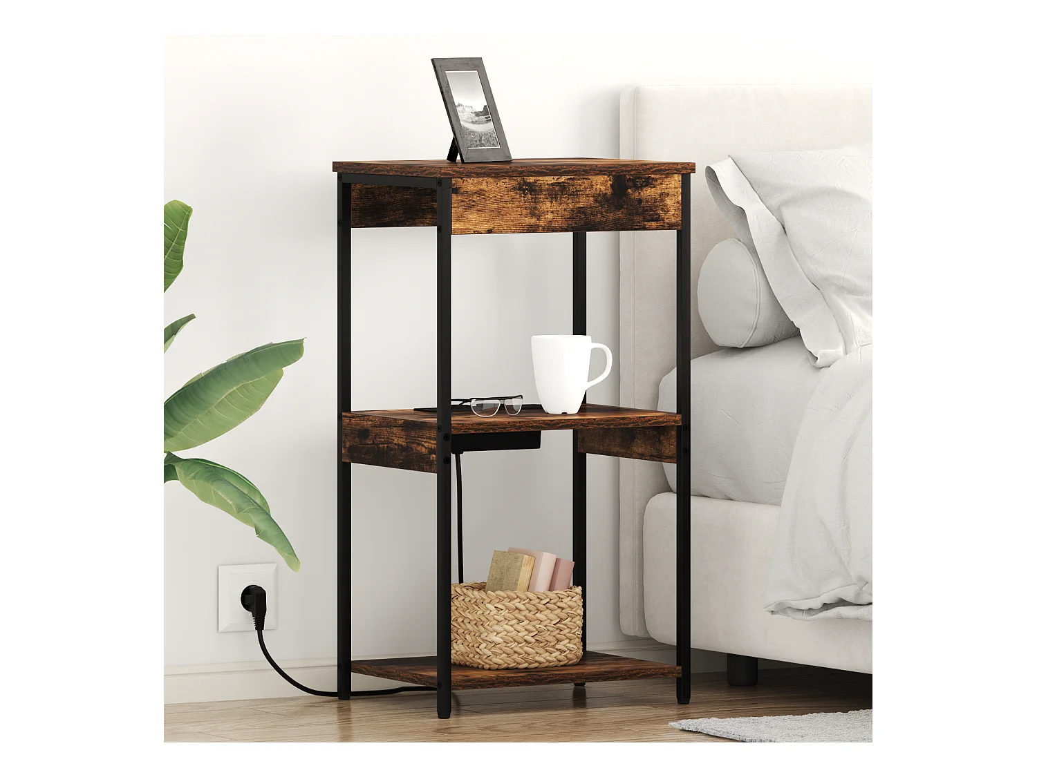 Table de nuit avec station de chargement Chêne fumé