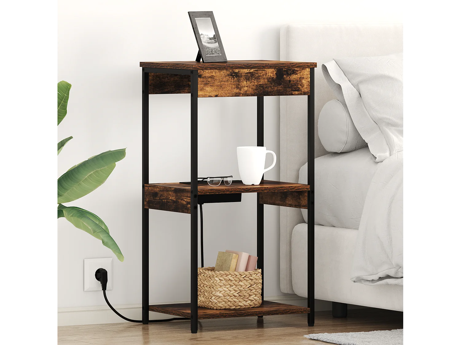 Table de nuit avec station de chargement Chêne fumé