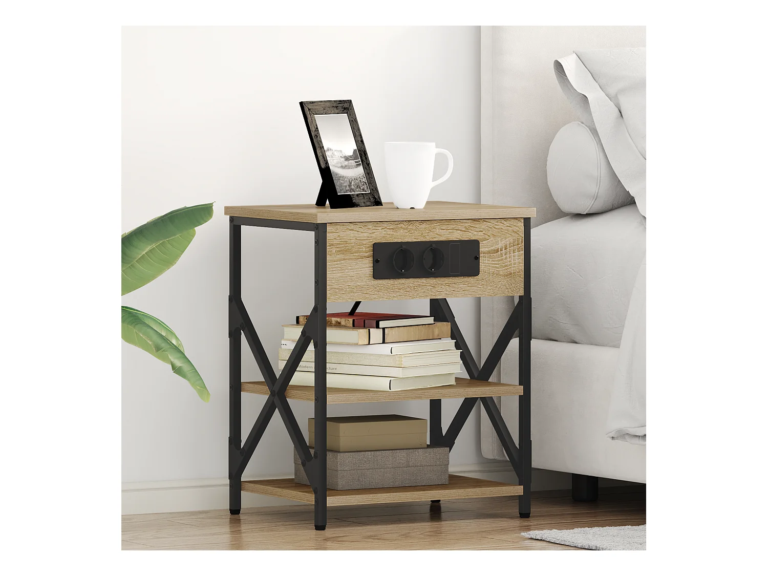 Table de nuit avec station de chargement 2 pcs Chêne sonoma