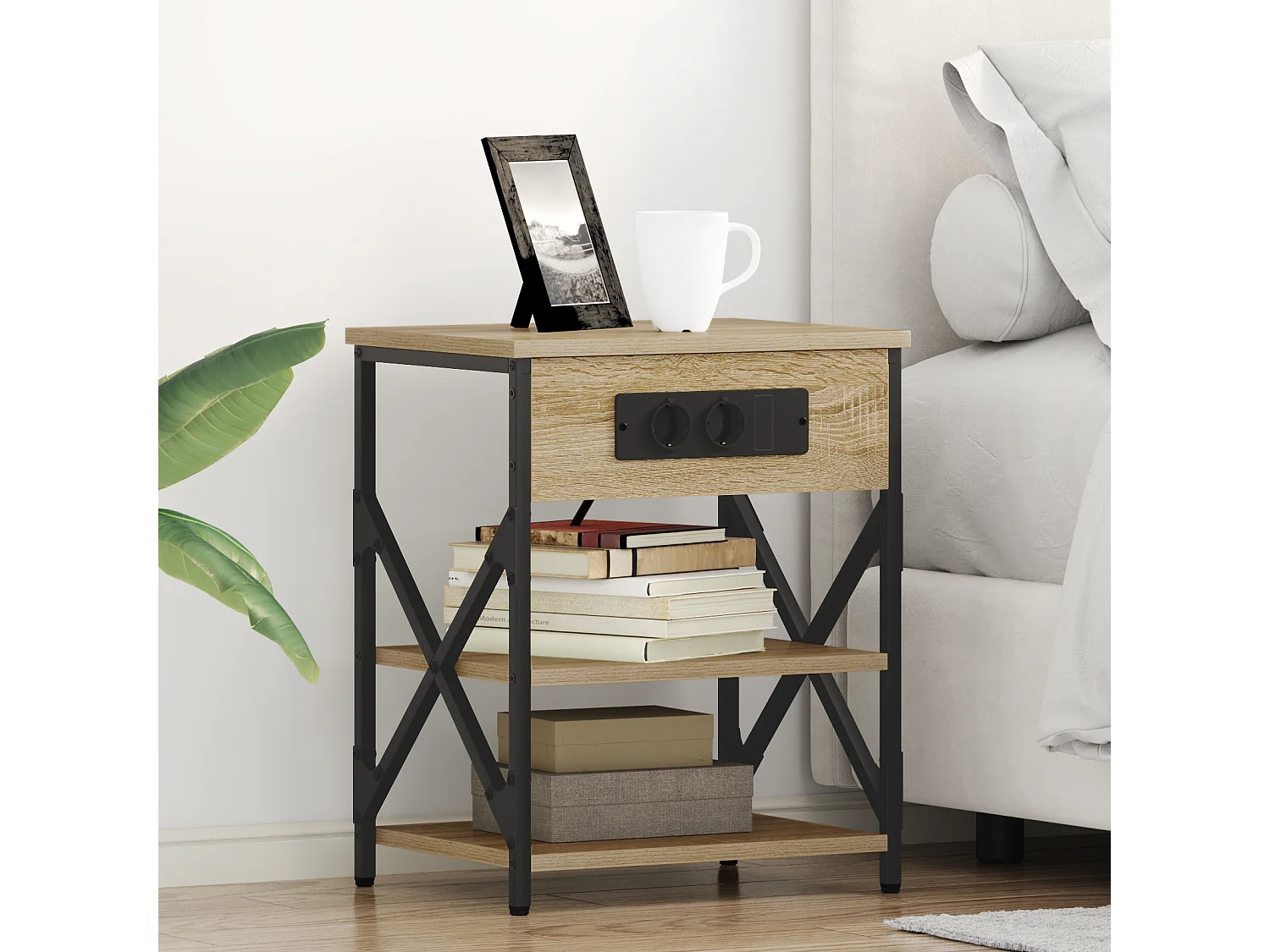 Table de nuit avec station de chargement 2 pcs Chêne sonoma