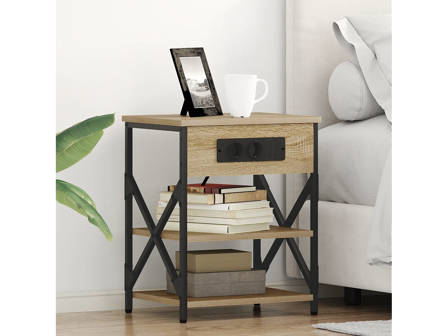 Table de nuit avec station de chargement 2 pcs Chêne sonoma