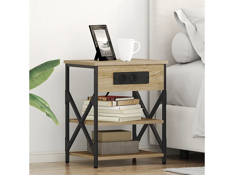 Table de nuit avec station de chargement 2 pcs Chêne sonoma