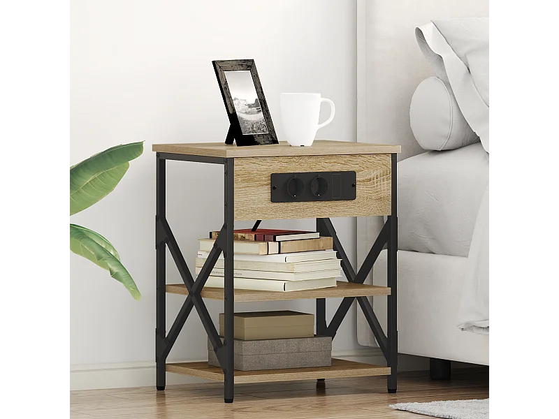 Table de nuit avec station de chargement 2 pcs Chêne sonoma