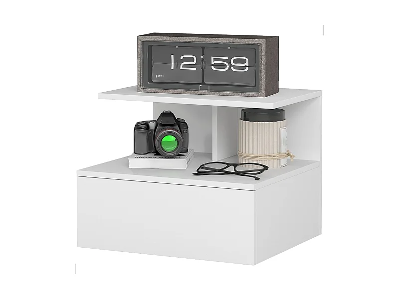 Table de nuit suspendue, avec tiroir et étagère ouverte, bois, blanc (39.8x35x31.6 cm)