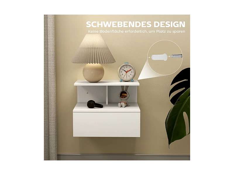 Table de nuit suspendue, avec tiroir et étagère ouverte, bois, blanc (39.8x35x31.6 cm)