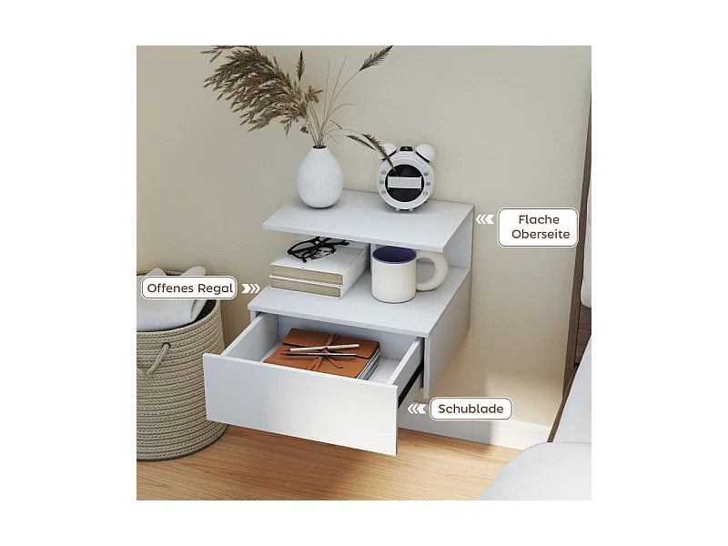 Table de nuit suspendue, avec tiroir et étagère ouverte, bois, blanc (39.8x35x31.6 cm)