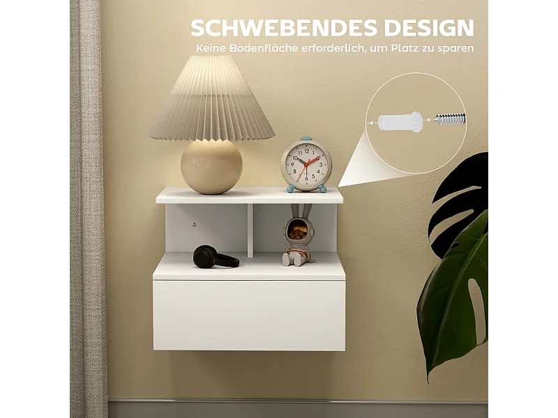 Table de nuit suspendue, avec tiroir et étagère ouverte, bois, blanc (39.8x35x31.6 cm)