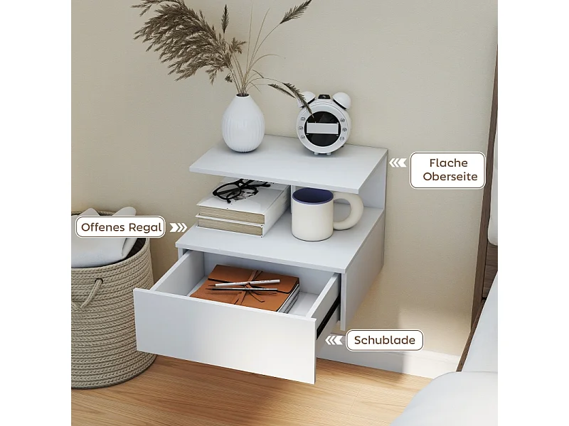 Table de nuit suspendue, avec tiroir et étagère ouverte, bois, blanc (39.8x35x31.6 cm)