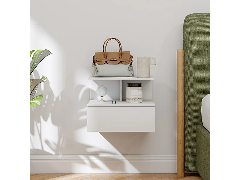 Table de nuit suspendue, avec tiroir et étagère ouverte, bois, blanc (39.8x35x31.6 cm)