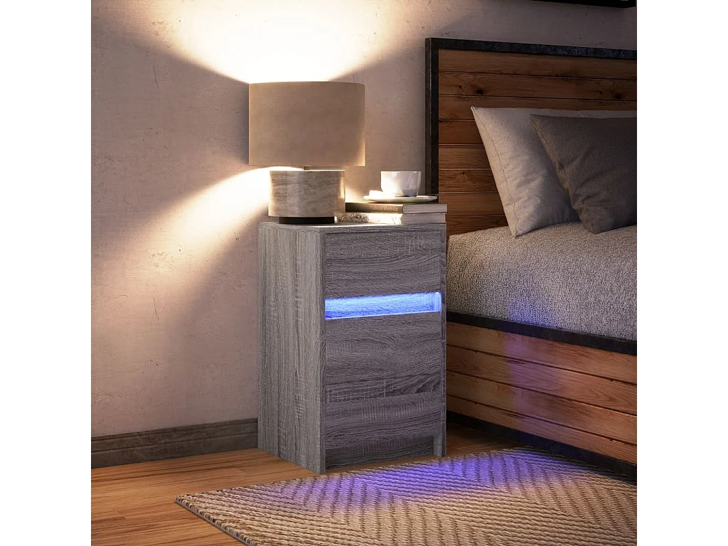 Armoire de chevet et lumières LED sonoma gris bois d'ingénierie