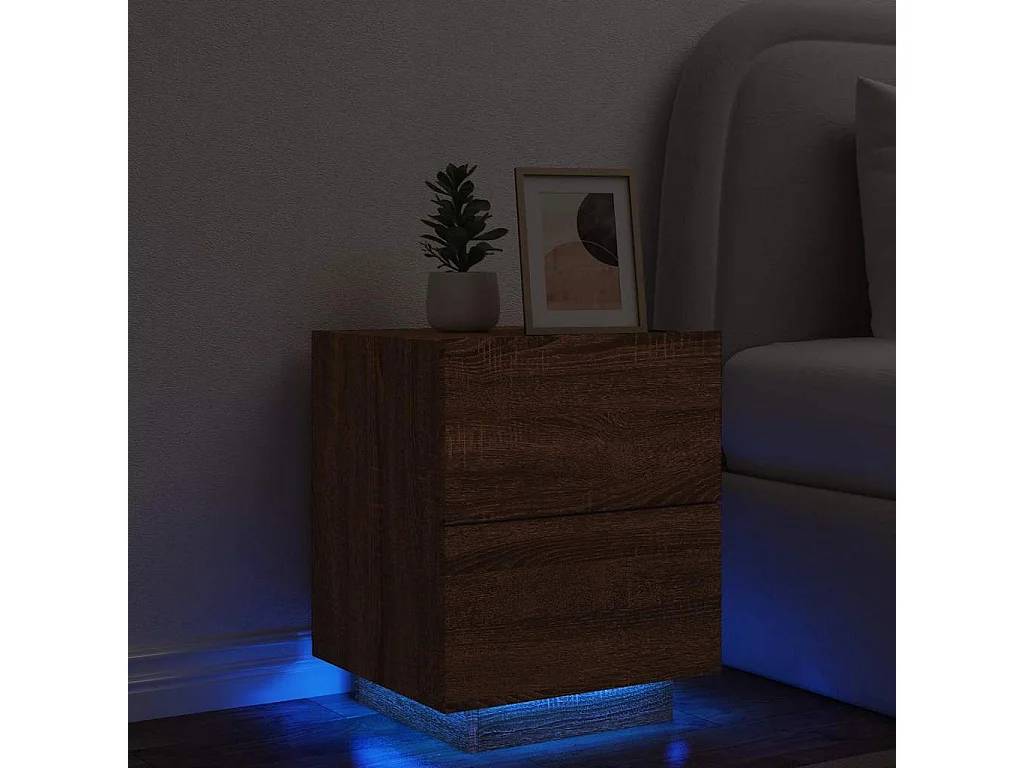 Nachtkastje en LED-verlichting eikenbruin bewerkt hout