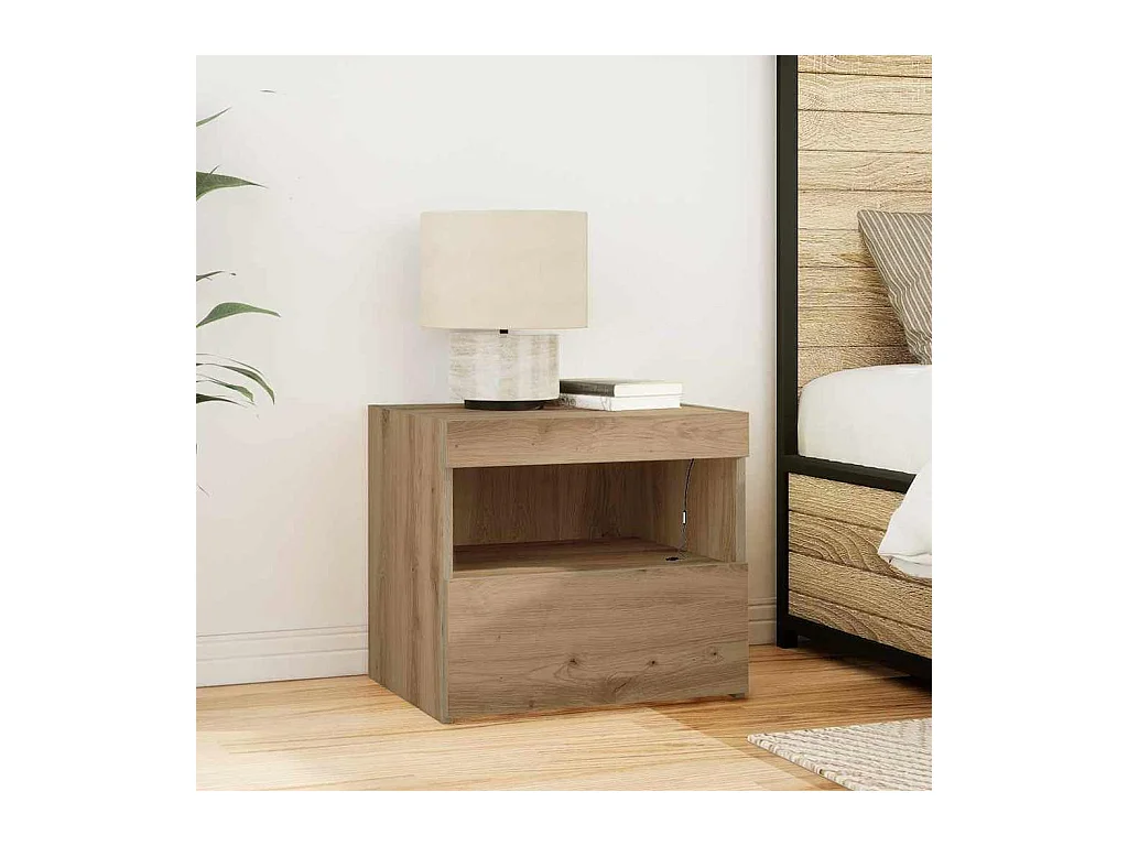 Comodino con luci LED in rovere lavorato a mano 50x40x45 cm
