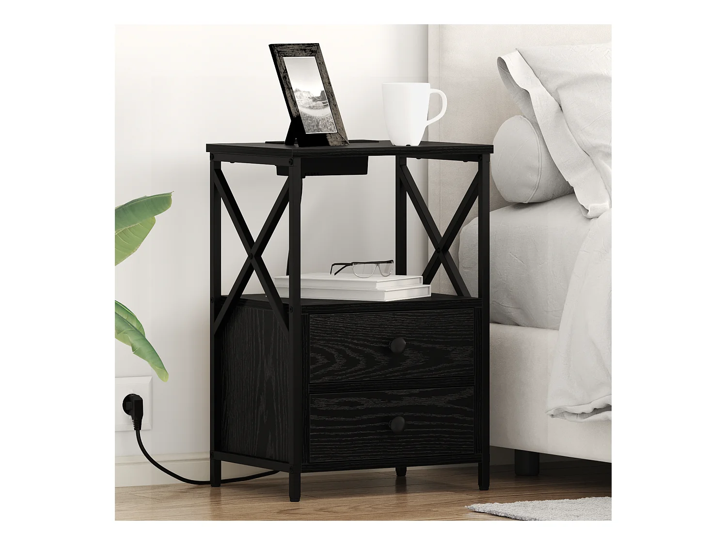 Table de nuit avec station de chargement 2 pcs Chêne noir