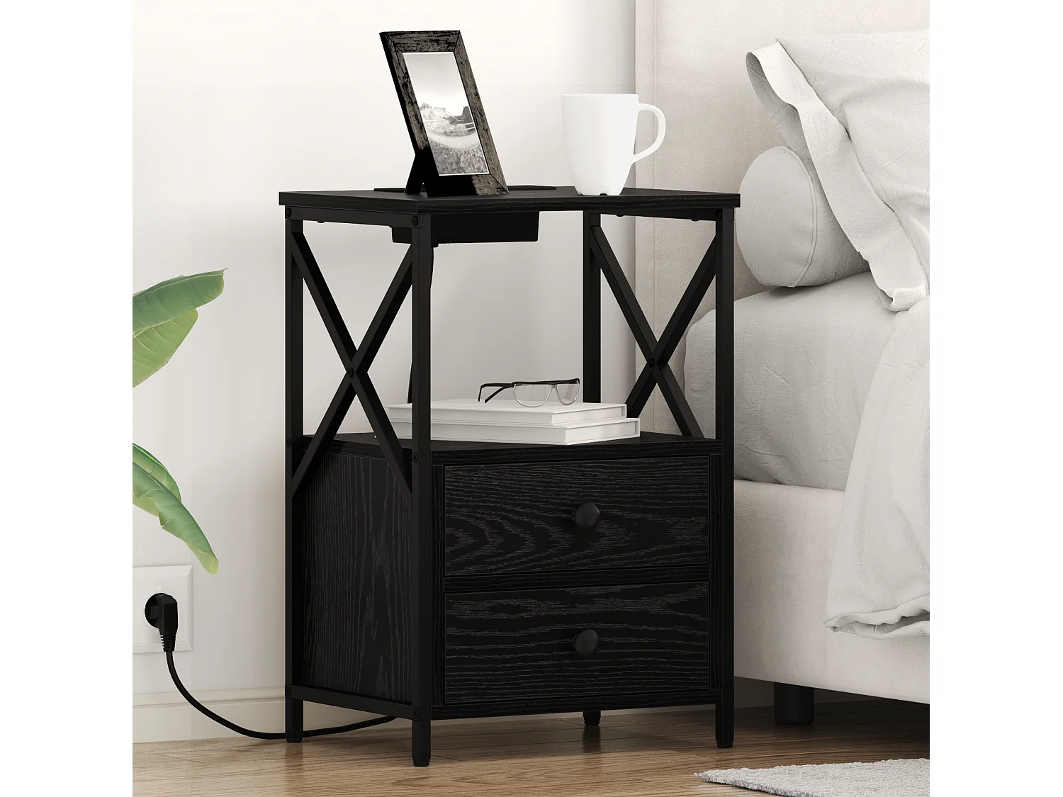 Table de nuit avec station de chargement 2 pcs Chêne noir