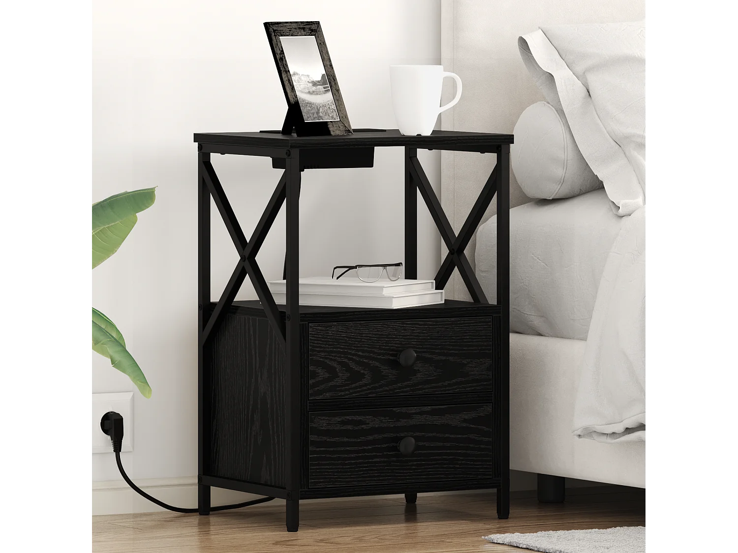 Table de nuit avec station de chargement 2 pcs Chêne noir