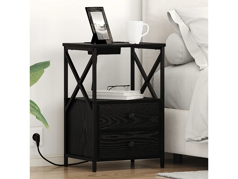 Table de nuit avec station de chargement 2 pcs Chêne noir