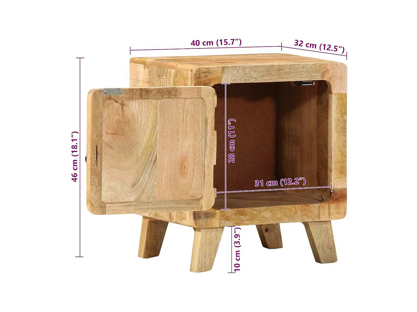Table de chevet 40x32x46 cm bois de manguier massif brut