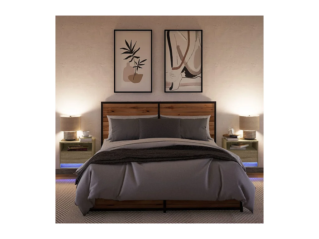 Wandmontierte Nachttische mit LED-Beleuchtung 2 Stück Sonoma-Eiche