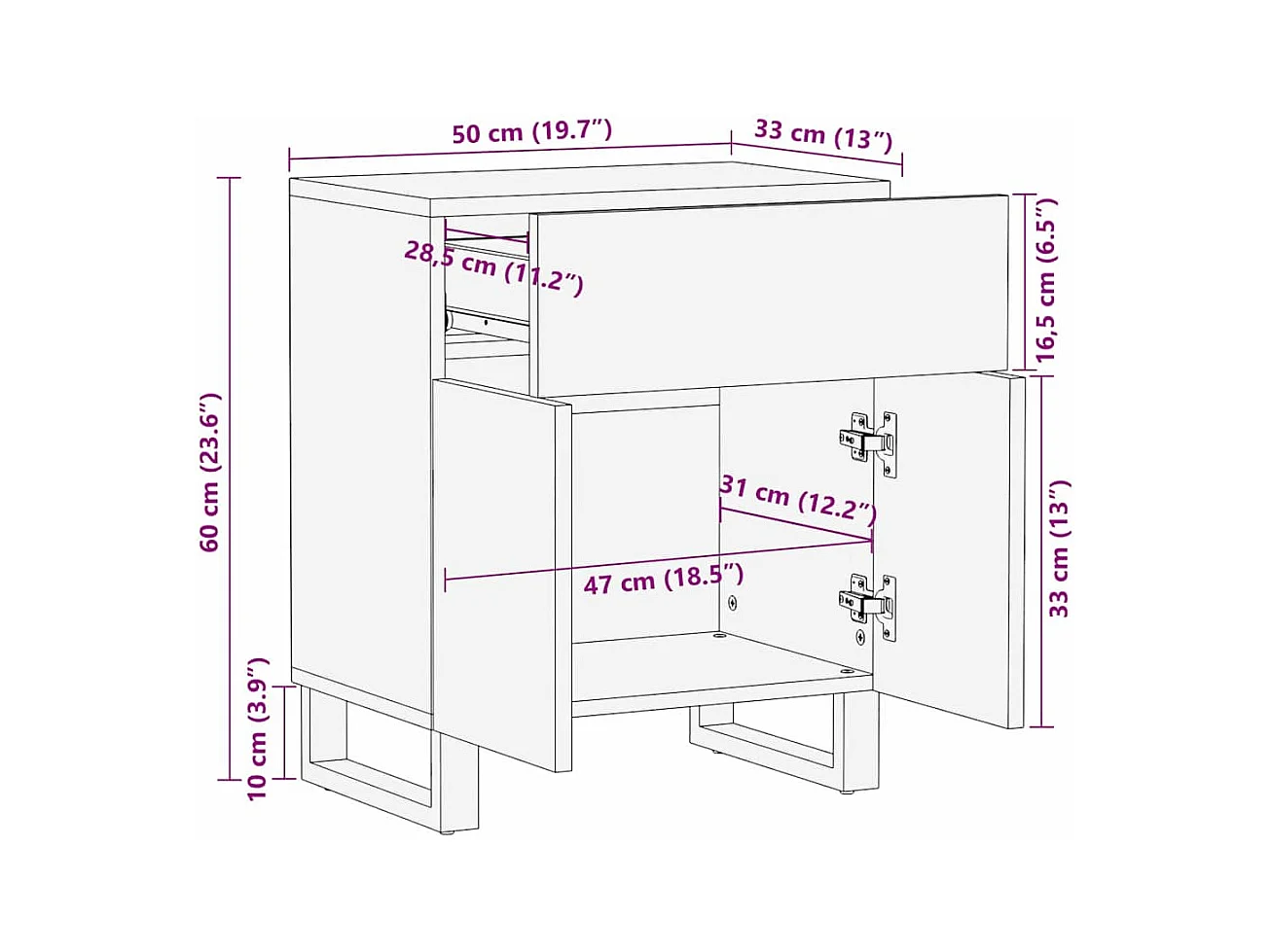Comodino 50x33x60 cm in legno massello di mango