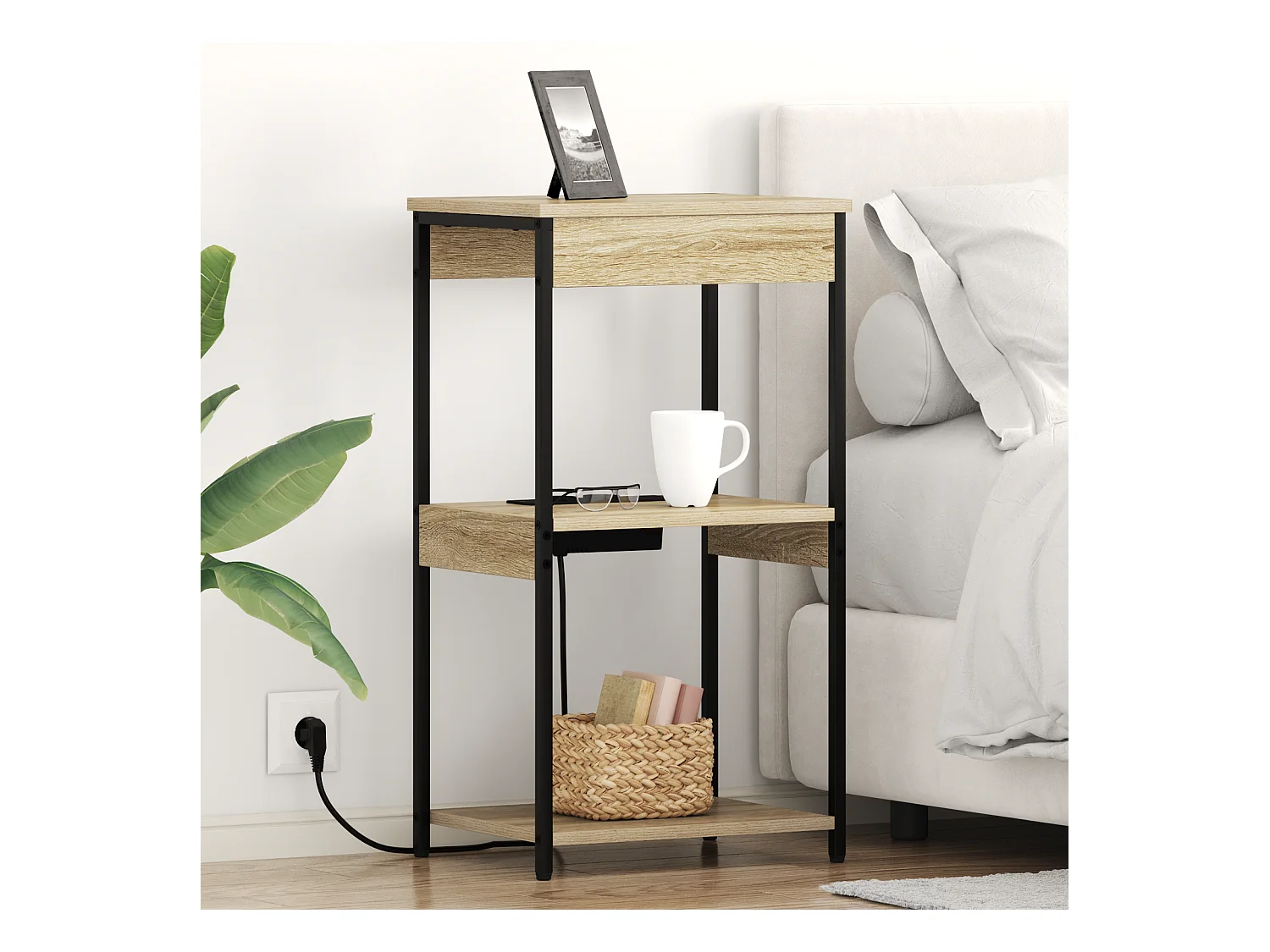 Table de nuit avec station de chargement Chêne sonoma