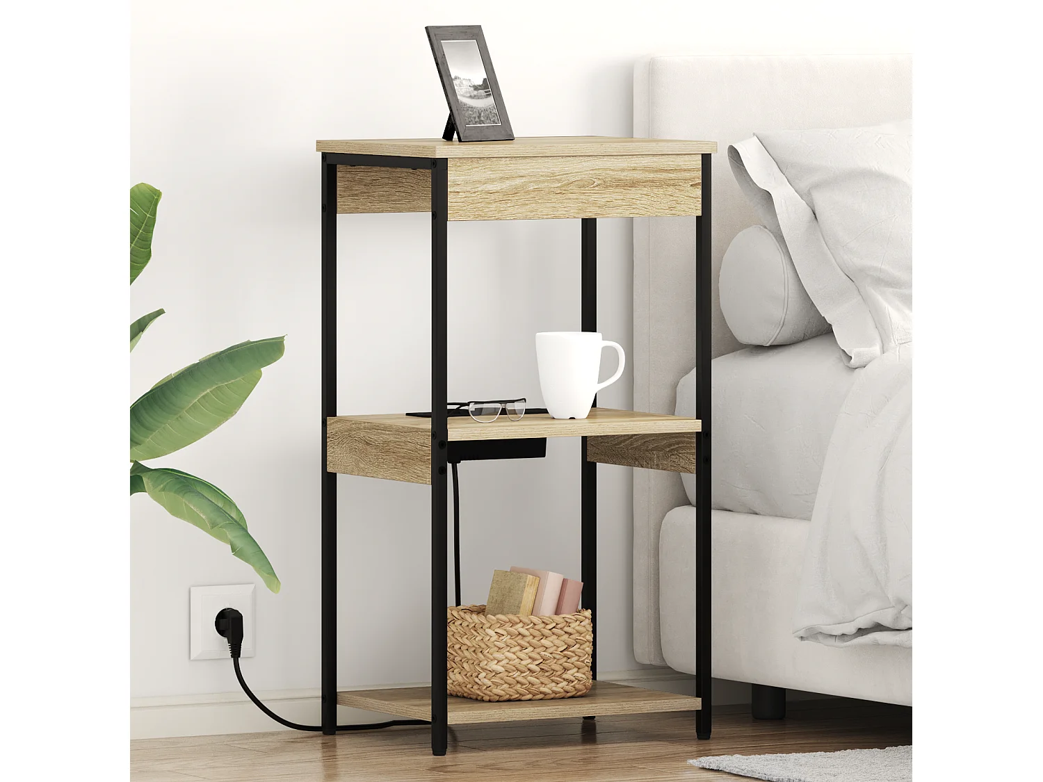 Table de nuit avec station de chargement Chêne sonoma