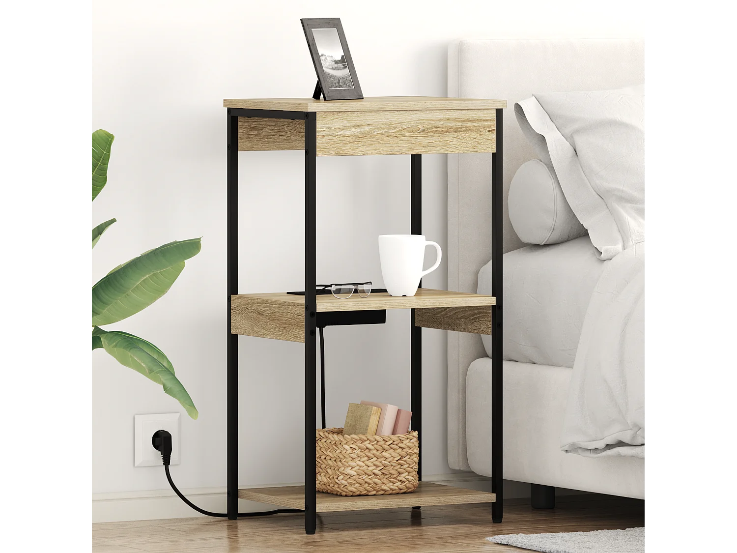 Table de nuit avec station de chargement Chêne sonoma