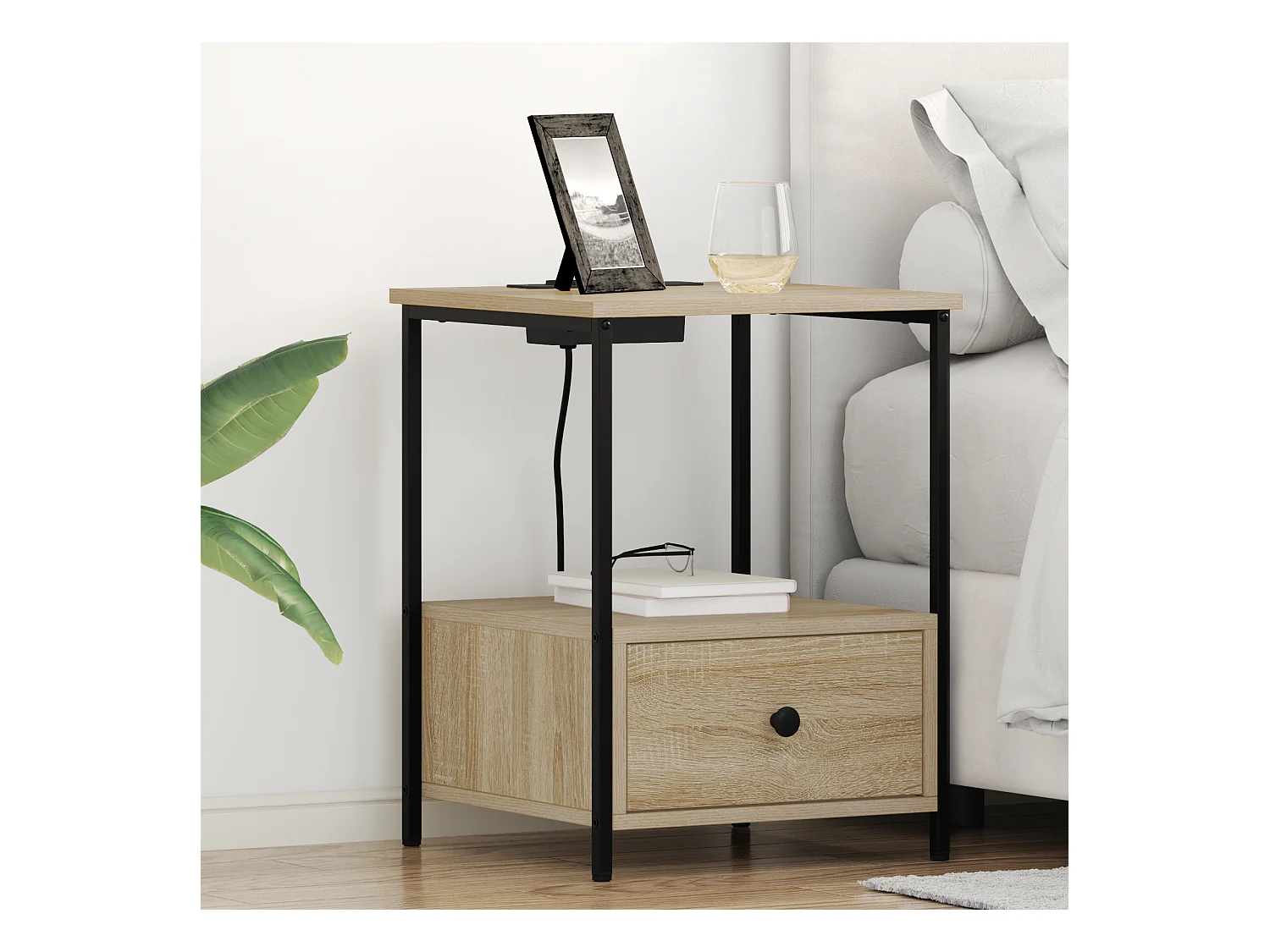 Table de nuit avec station de chargement 2 pcs Chêne sonoma