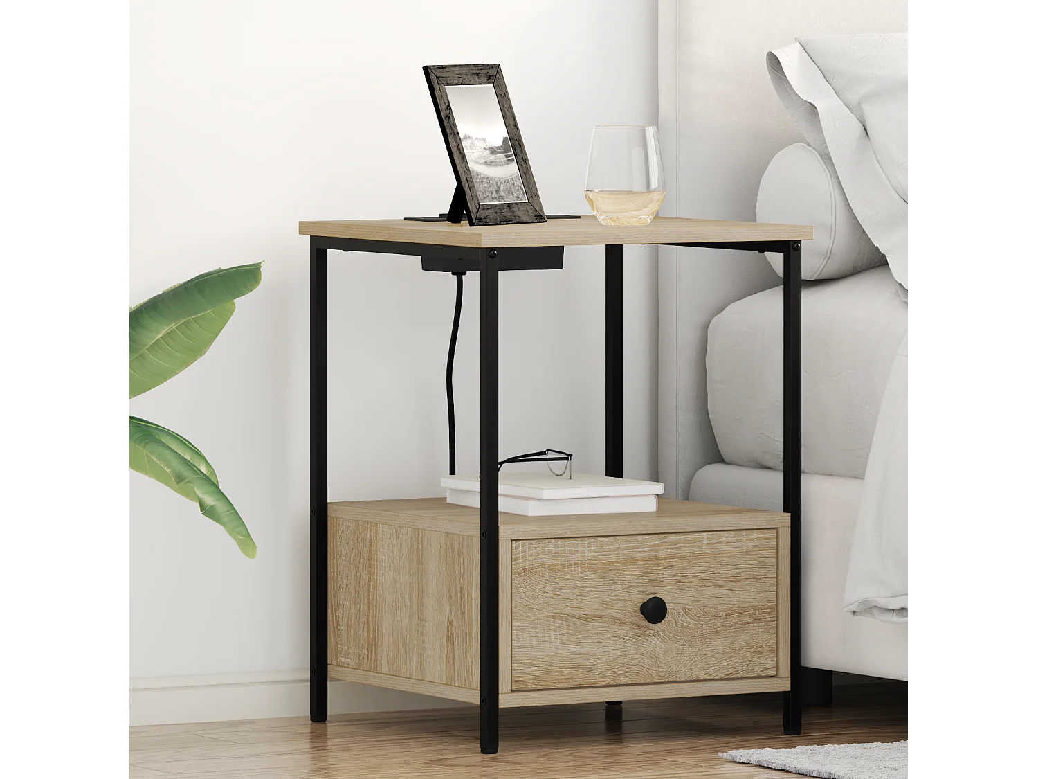 Table de nuit avec station de chargement 2 pcs Chêne sonoma