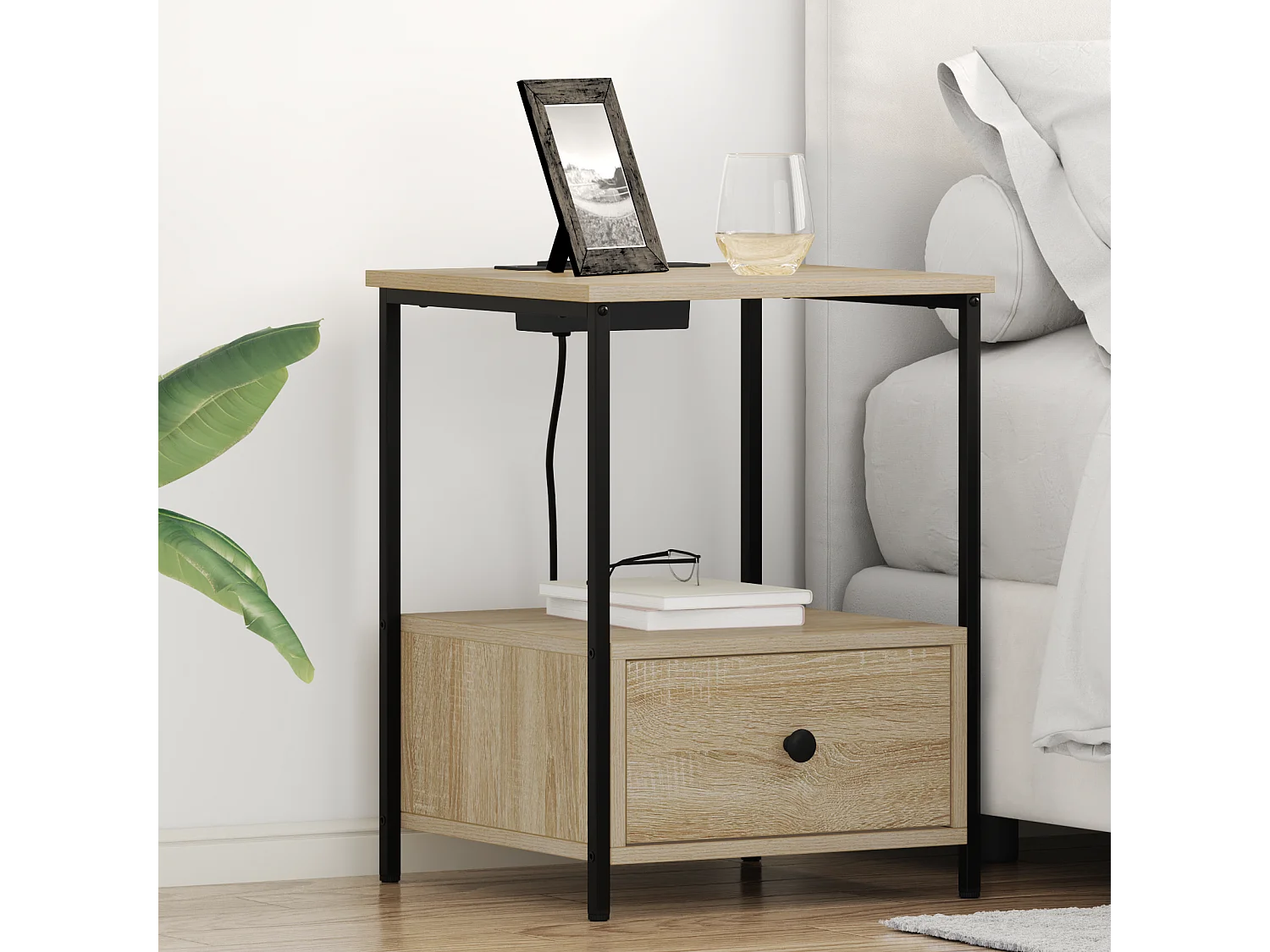 Table de nuit avec station de chargement 2 pcs Chêne sonoma