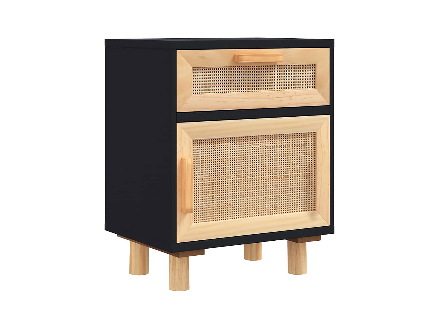 Table de chevet Noir Bois de pin massif et rotin naturel