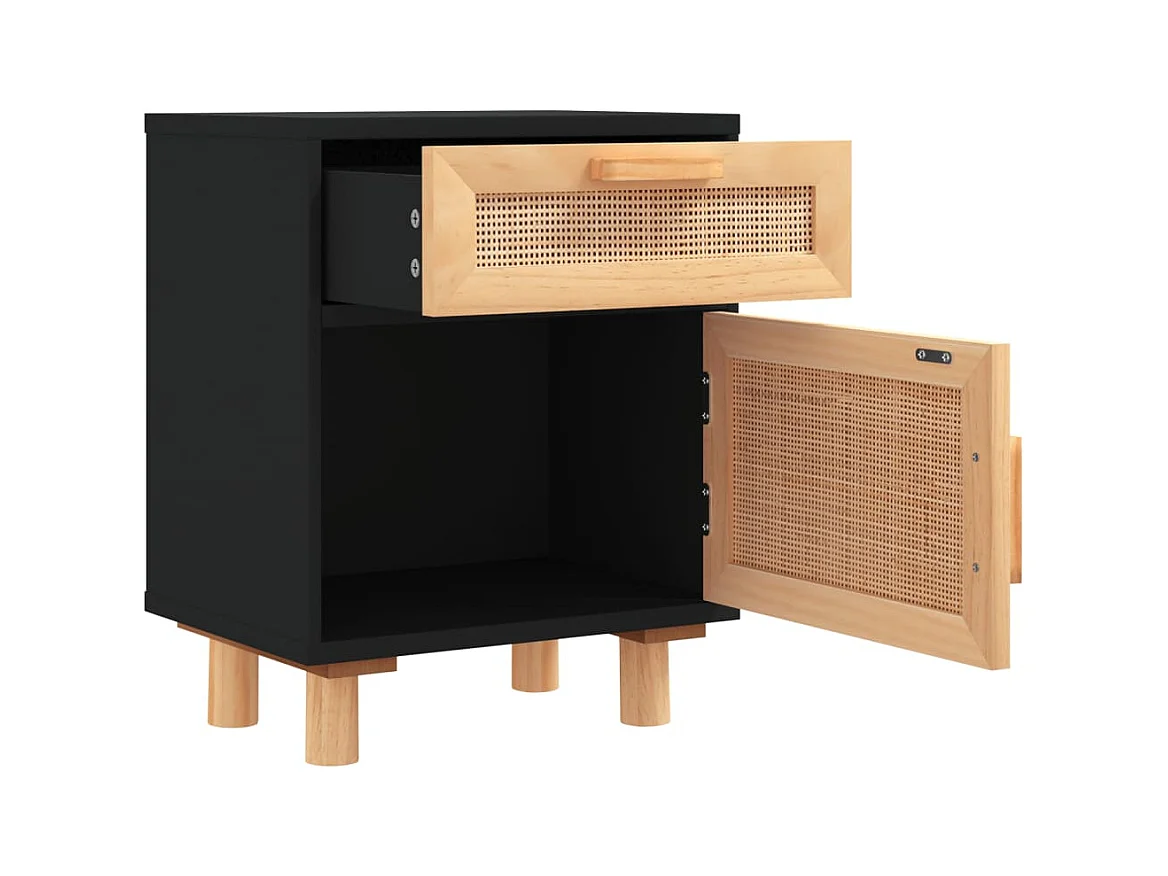 Table de chevet Noir Bois de pin massif et rotin naturel