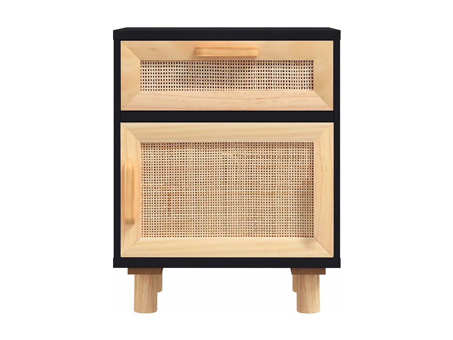 Comodino nero in legno massello di pino e rattan naturale