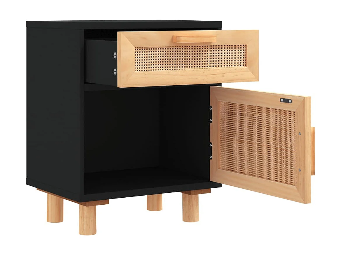 Comodino nero in legno massello di pino e rattan naturale