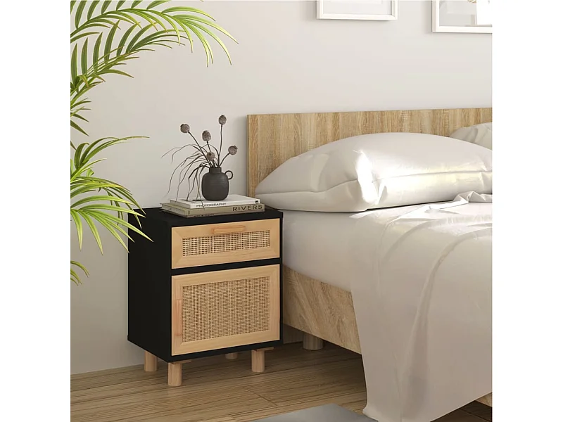 Schwarzer Nachttisch Massives Kiefernholz und natürliches Rattan